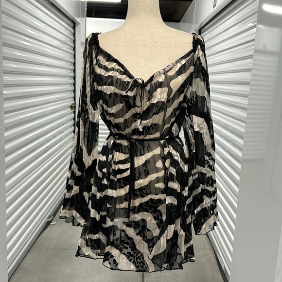 Hale Bob Accordion Pleats Tunic Boho Trapeze Dress Flare Sleeves Animal Print - Picture 4 of 14